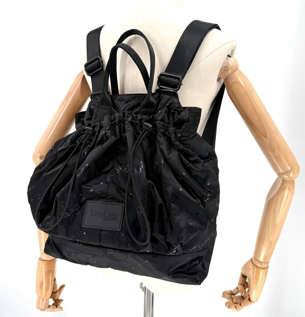 Vintage Y2K Bebe Sport Black Satin Logo Print Bungee Backpack